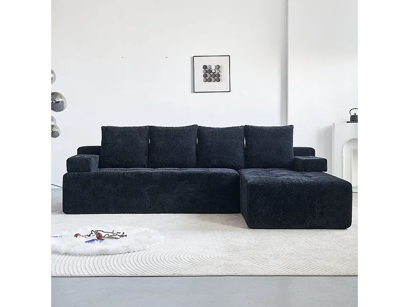 Divano angolare modulare reversibile, in tessuto ciniglia nero, braccioli mobili, 260x168x58cm