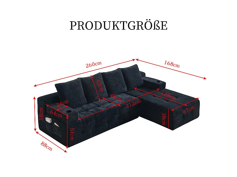 Divano angolare modulare reversibile, in tessuto ciniglia nero, braccioli mobili, 260x168x58cm