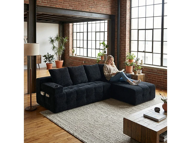 Divano angolare modulare reversibile, in tessuto ciniglia nero, braccioli mobili, 260x168x58cm