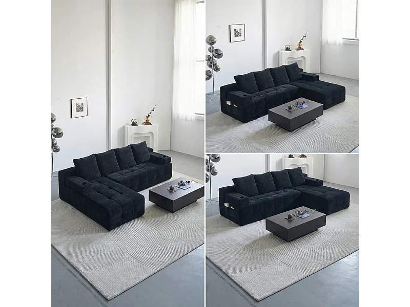 Divano angolare modulare reversibile, in tessuto ciniglia nero, braccioli mobili, 260x168x58cm