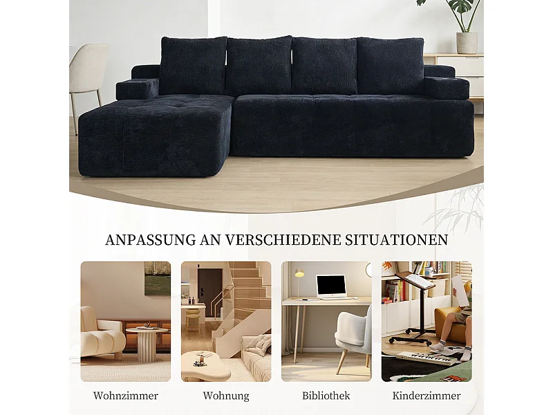 Divano angolare modulare reversibile, in tessuto ciniglia nero, braccioli mobili, 260x168x58cm