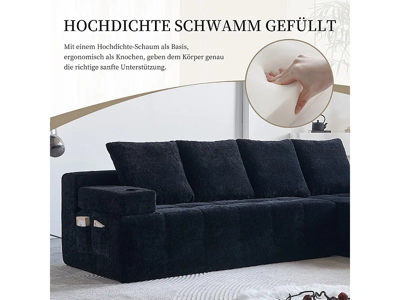 Divano angolare modulare reversibile, in tessuto ciniglia nero, braccioli mobili, 260x168x58cm