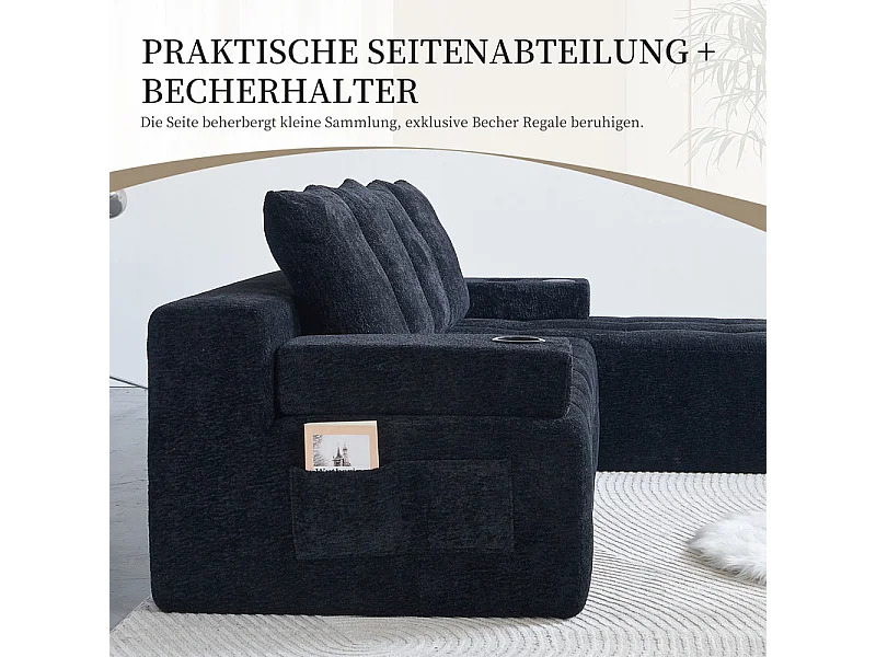 Divano angolare modulare reversibile, in tessuto ciniglia nero, braccioli mobili, 260x168x58cm