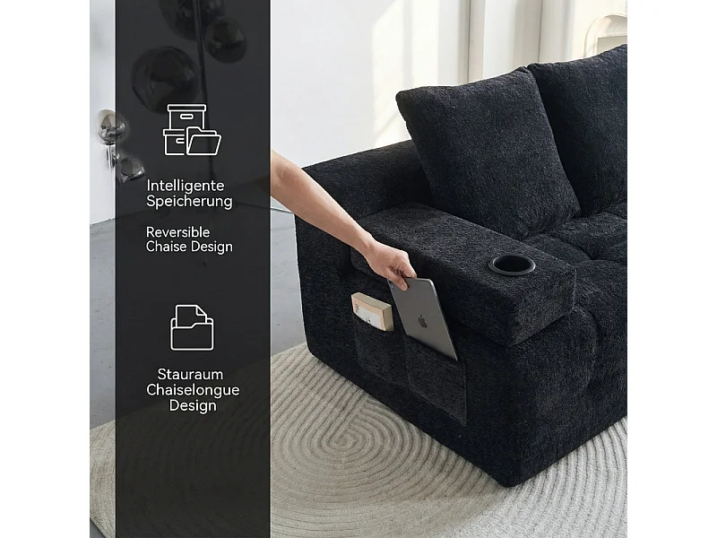 Divano angolare modulare reversibile, in tessuto ciniglia nero, braccioli mobili, 260x168x58cm