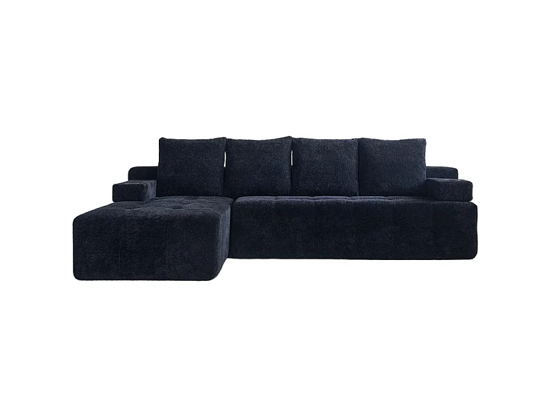 Divano angolare modulare reversibile, in tessuto ciniglia nero, braccioli mobili, 260x168x58cm