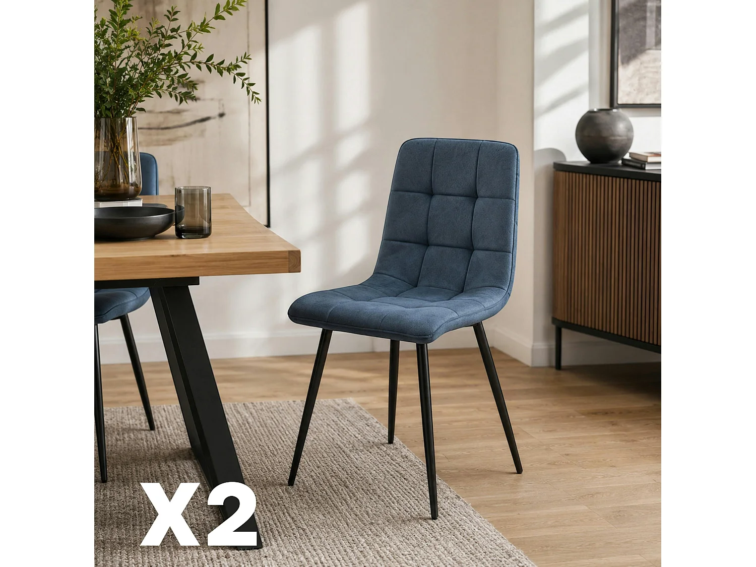 Chaise en tissu bleu motif damier (lot de 2) LORA