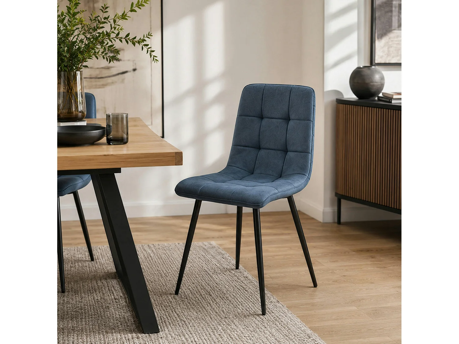 Chaise en tissu bleu motif damier (lot de 2) LORA