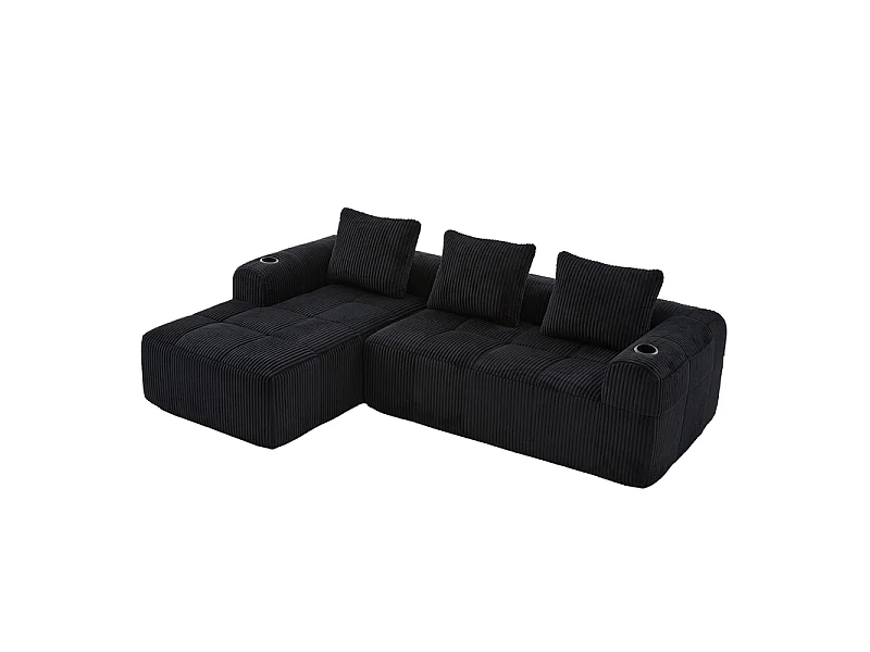 Canapé d'angle gauche 3 places en velours côtelé noir 253x158x61 cm