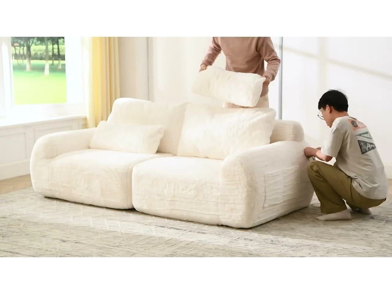 Divano 2 posti modulare con USB, in tessuto finto pelo di coniglio, 208x101x81cm, Grigio