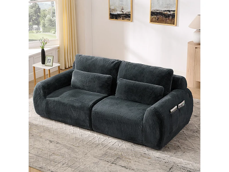 Divano 2 posti modulare con USB, in tessuto finto pelo di coniglio, 208x101x81cm, Grigio