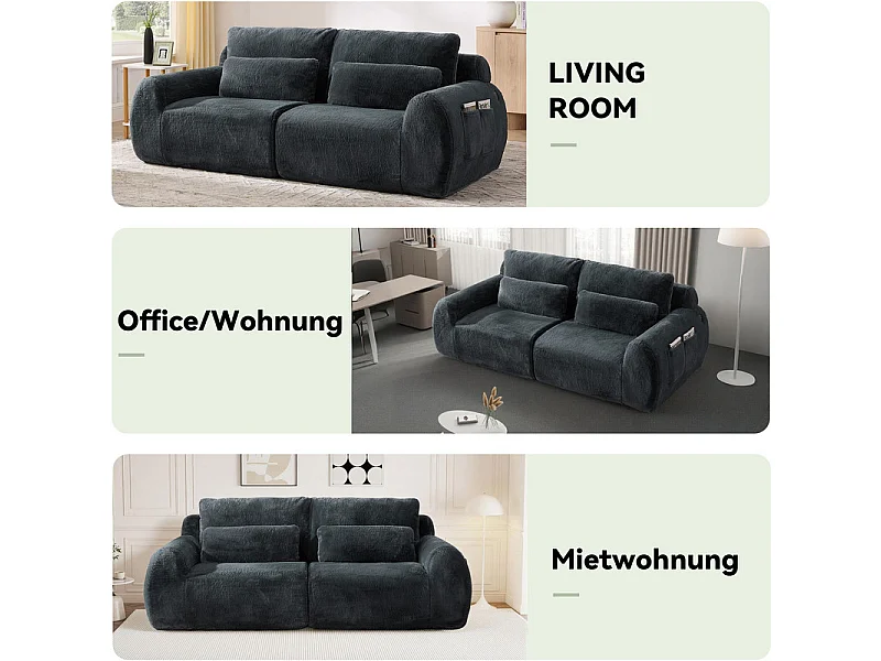 Divano 2 posti modulare con USB, in tessuto finto pelo di coniglio, 208x101x81cm, Grigio