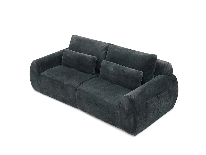 Sofá 2 plazas modular con USB, en tela de imitación piel de conejo, 208x101x81cm, Gris