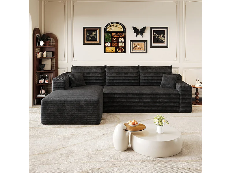 Divano angolare sinistro in velluto a coste nero - Divano modulare a L - 241x151x84 cm
