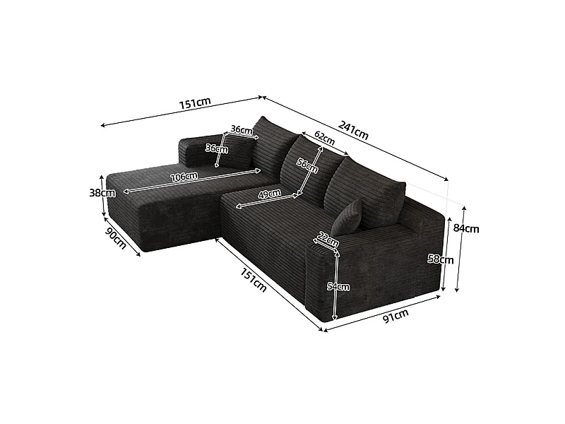 Divano angolare sinistro in velluto a coste nero - Divano modulare a L - 241x151x84 cm
