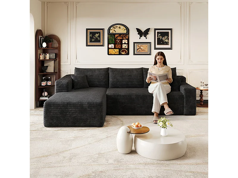 Divano angolare sinistro in velluto a coste nero - Divano modulare a L - 241x151x84 cm