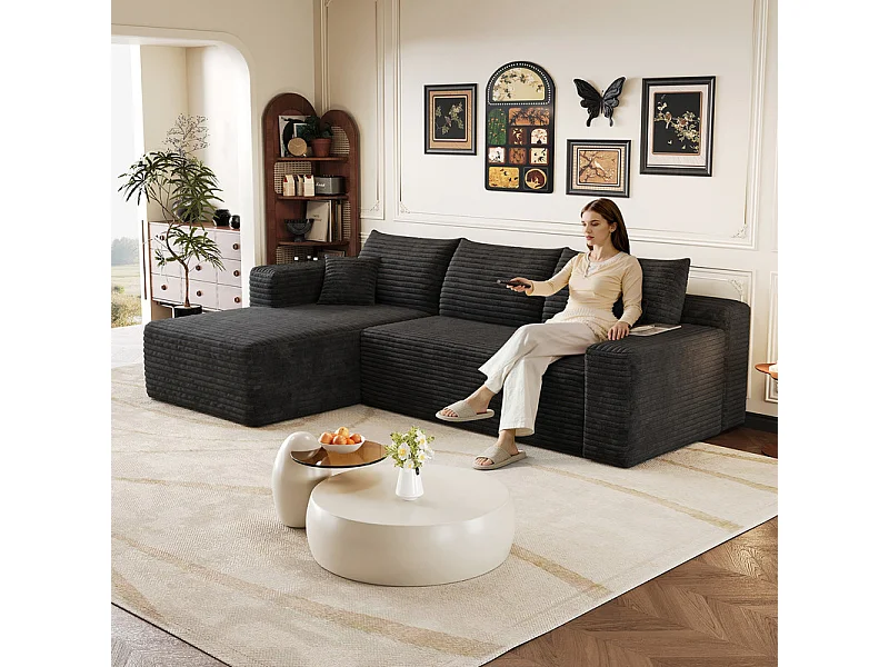 Divano angolare sinistro in velluto a coste nero - Divano modulare a L - 241x151x84 cm