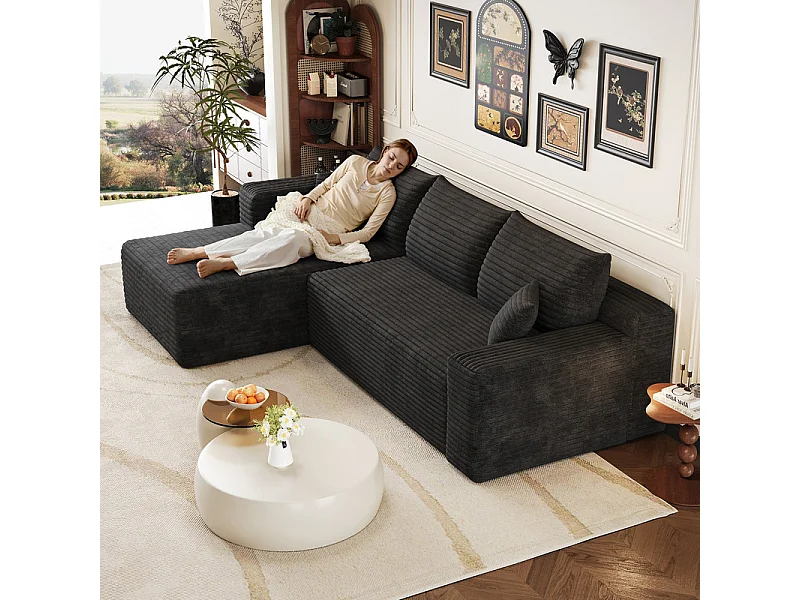 Divano angolare sinistro in velluto a coste nero - Divano modulare a L - 241x151x84 cm