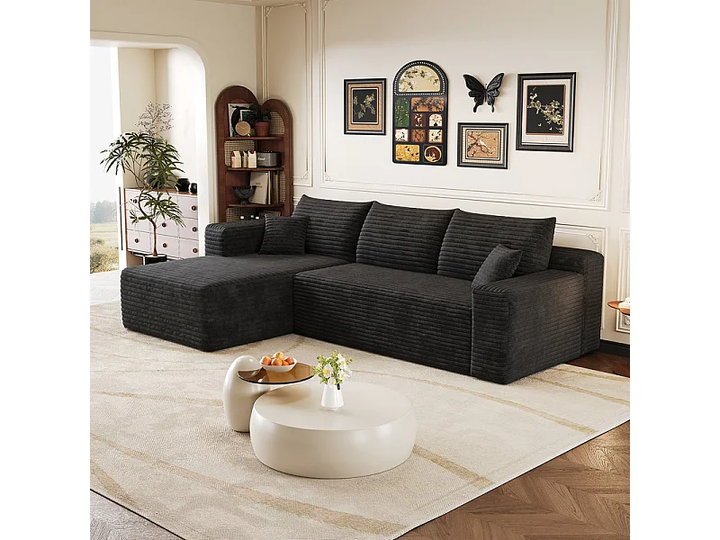 Divano angolare sinistro in velluto a coste nero - Divano modulare a L - 241x151x84 cm
