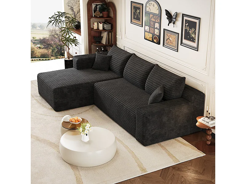 Divano angolare sinistro in velluto a coste nero - Divano modulare a L - 241x151x84 cm