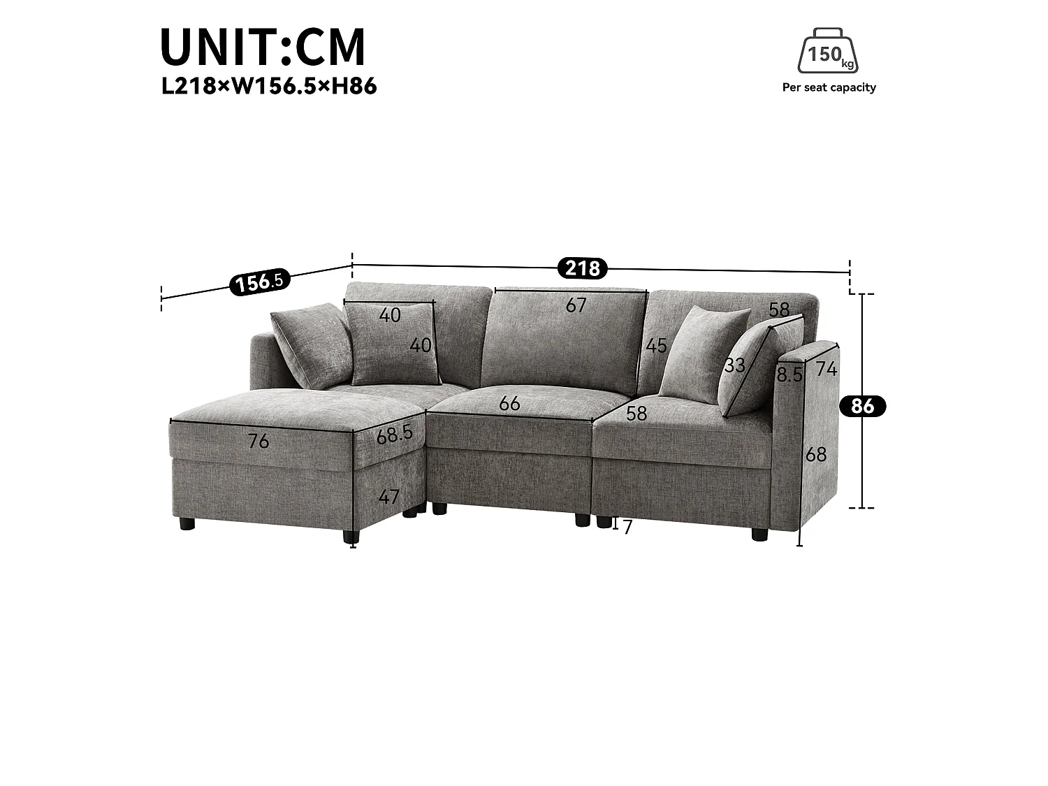 Canapé d'angle 3 places en velours chenille gris