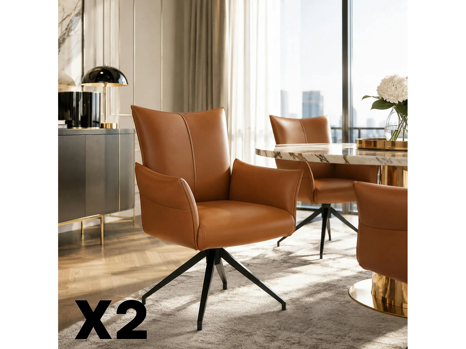 Fauteuil de table pivotant cuir cognac (x2) LOMBARDIE