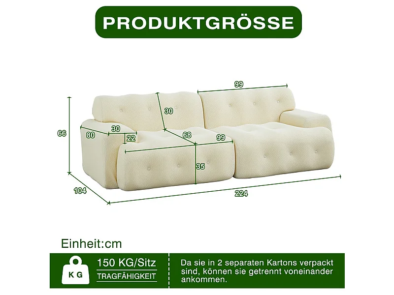 224cm Divano modulare 2 posti in tessuto 3D a maglia, profondità seduta 68cm, Beige