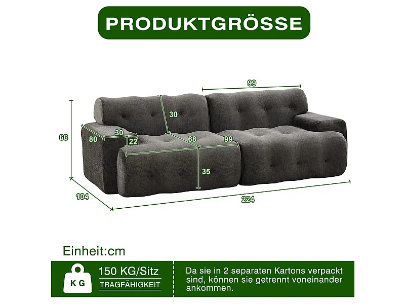 Divano modulare 2 posti in tessuto ciniglia, profondità seduta 68cm, 224×104×66cm, Grigio
