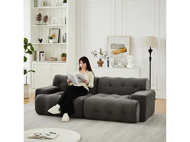 Divano modulare 2 posti in tessuto ciniglia, profondità seduta 68cm, 224×104×66cm, Grigio
