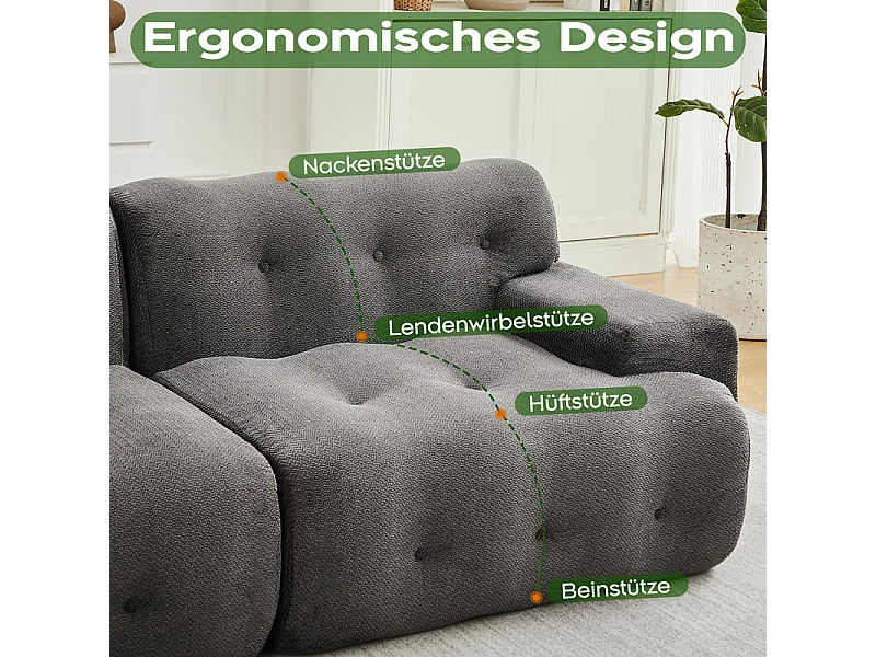 Divano modulare 2 posti in tessuto ciniglia, profondità seduta 68cm, 224×104×66cm, Grigio