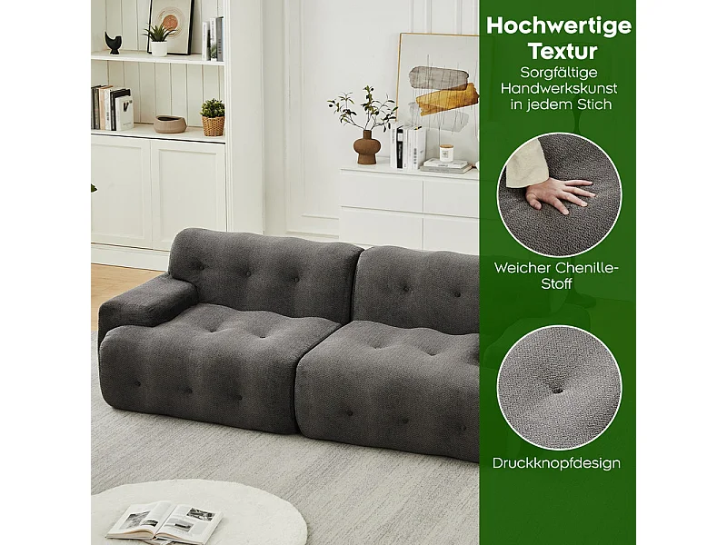 Divano modulare 2 posti in tessuto ciniglia, profondità seduta 68cm, 224×104×66cm, Grigio