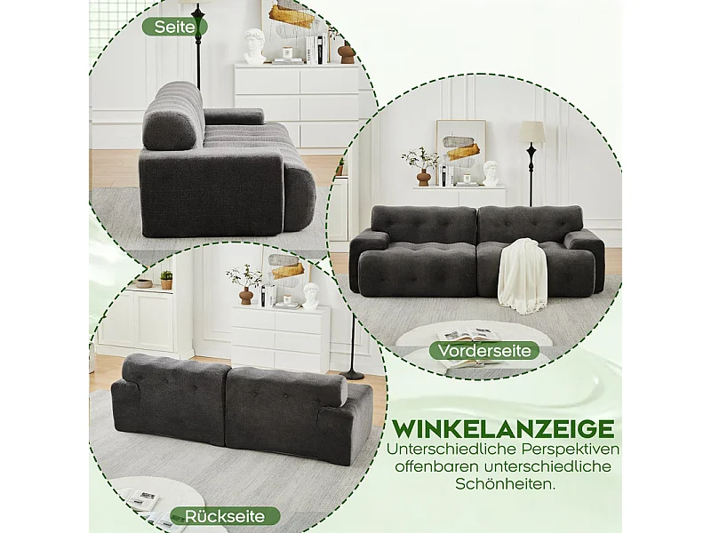 Divano modulare 2 posti in tessuto ciniglia, profondità seduta 68cm, 224×104×66cm, Grigio