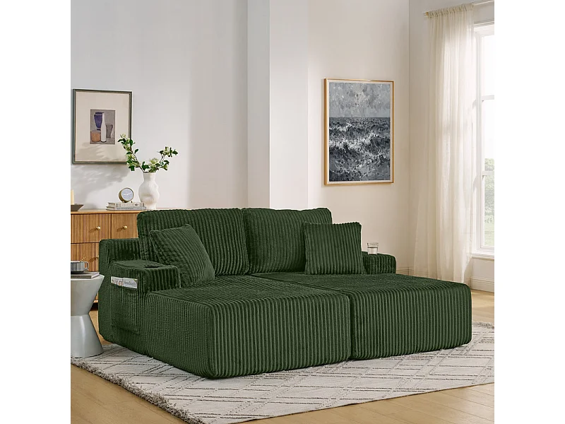 Chaise longue modulare 2 posti in velluto a coste, con portabicchieri, 186x154x78cm, Verde