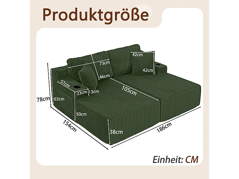 Chaise longue modulare 2 posti in velluto a coste, con portabicchieri, 186x154x78cm, Verde