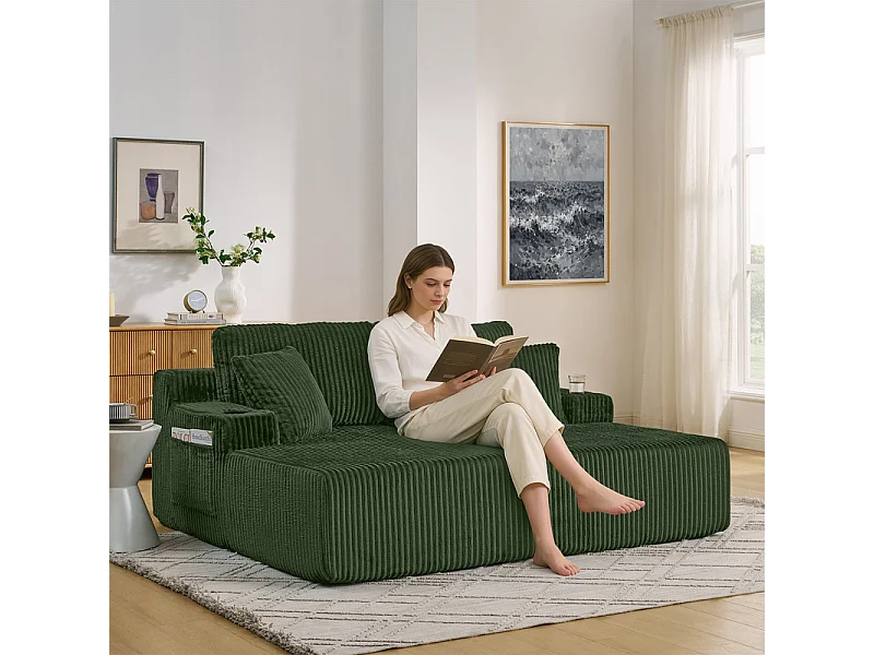 Chaise longue modulare 2 posti in velluto a coste, con portabicchieri, 186x154x78cm, Verde