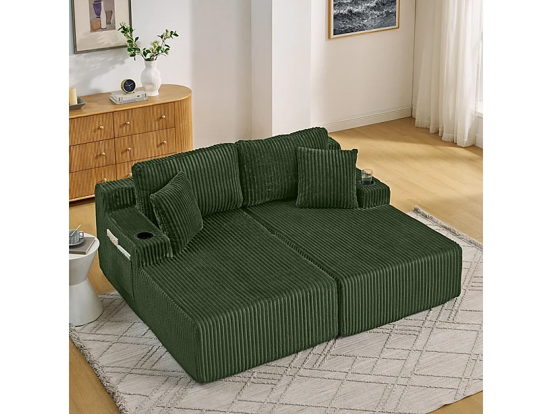 Chaise longue modulare 2 posti in velluto a coste, con portabicchieri, 186x154x78cm, Verde