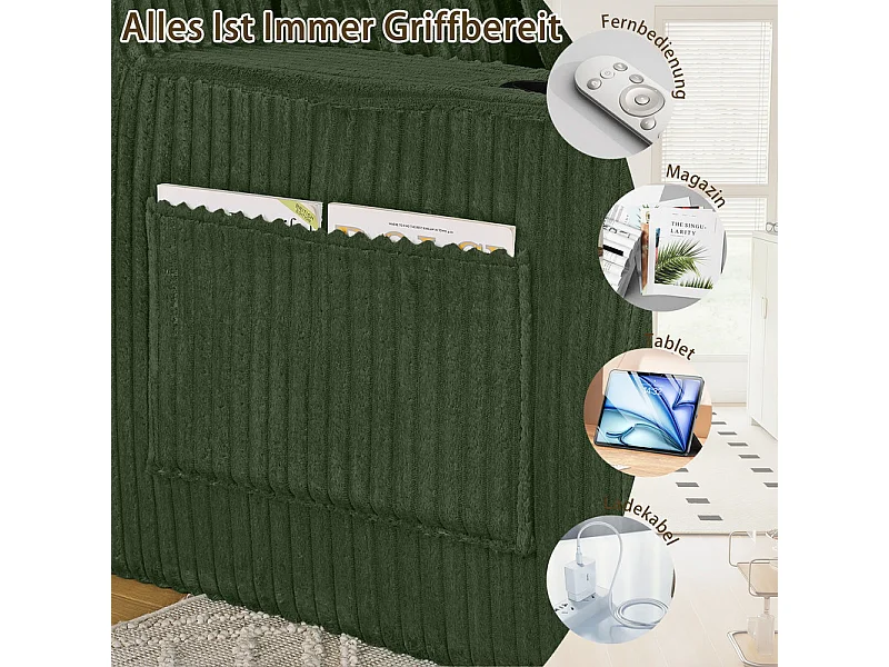 Chaise longue modulare 2 posti in velluto a coste, con portabicchieri, 186x154x78cm, Verde