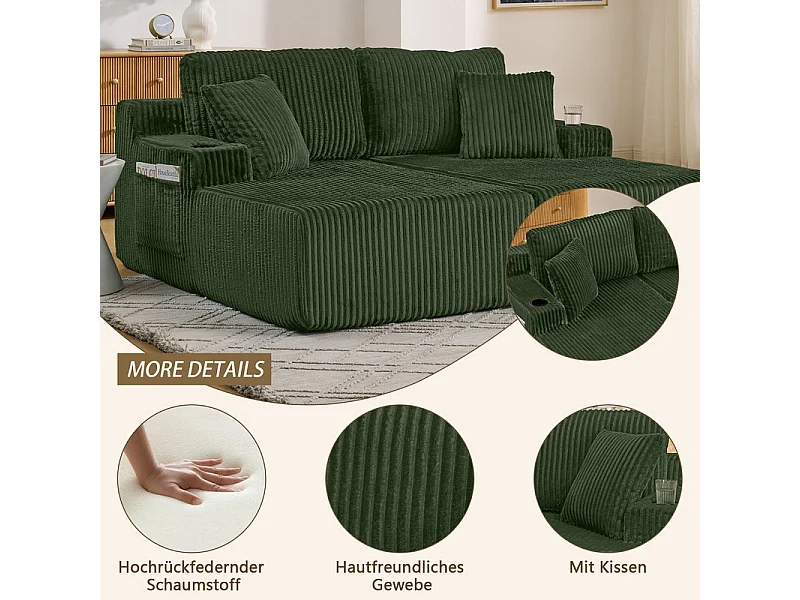 Chaise longue modulare 2 posti in velluto a coste, con portabicchieri, 186x154x78cm, Verde