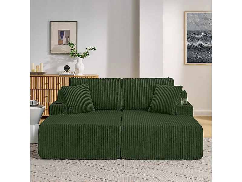 Chaise longue modulare 2 posti in velluto a coste, con portabicchieri, 186x154x78cm, Verde