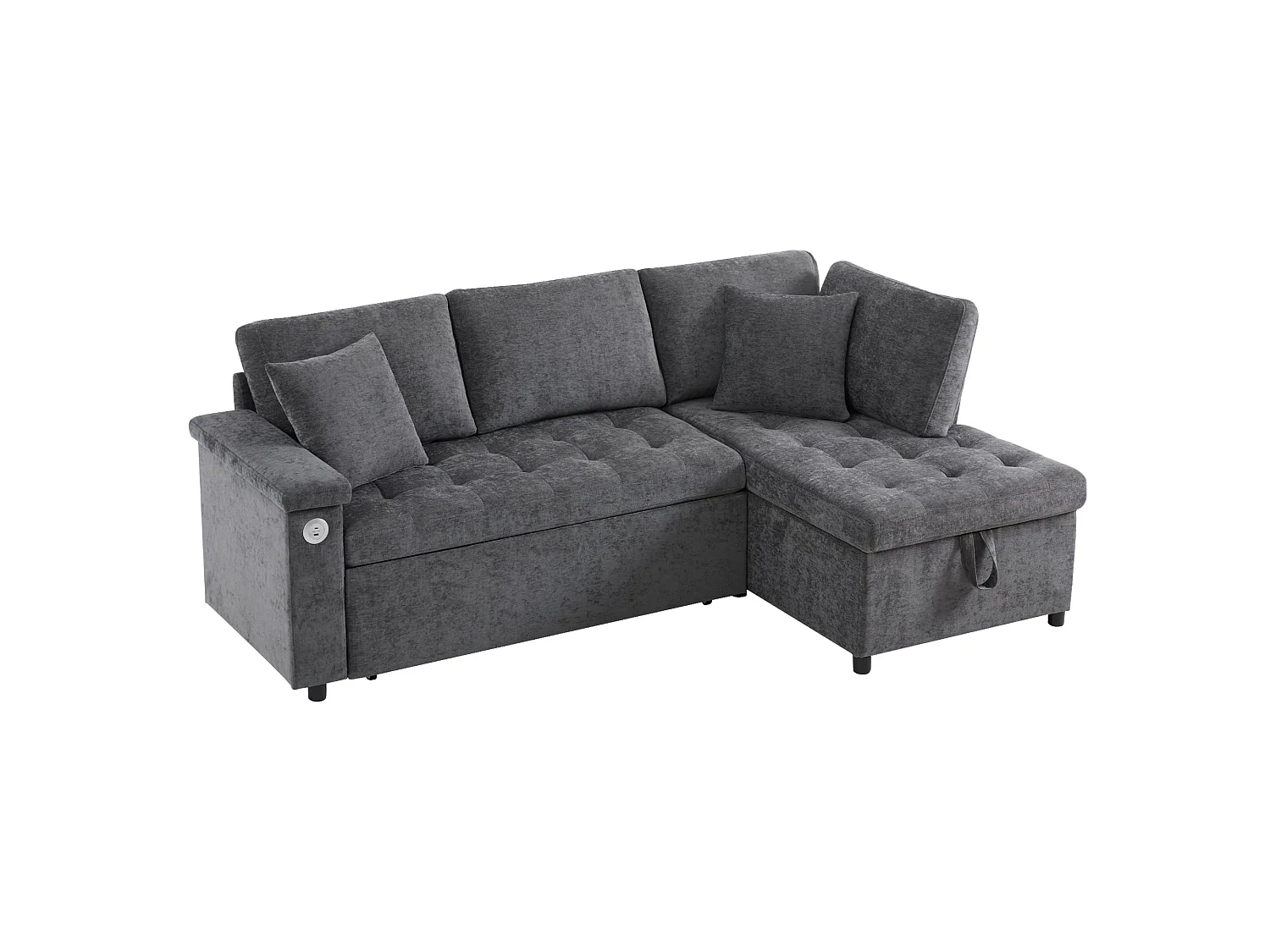 Canapé d'angle convertible, chargeur USB, rangement et 2 coussins, en Tissu Chenille, Gris foncé