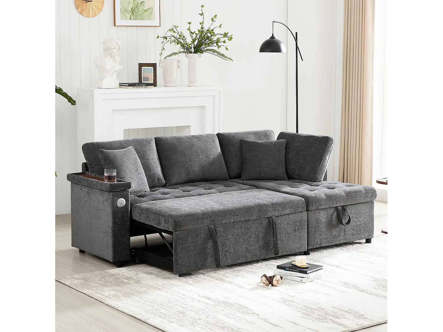 Canapé d'angle convertible, chargeur USB, rangement et 2 coussins, en Tissu Chenille, Gris foncé