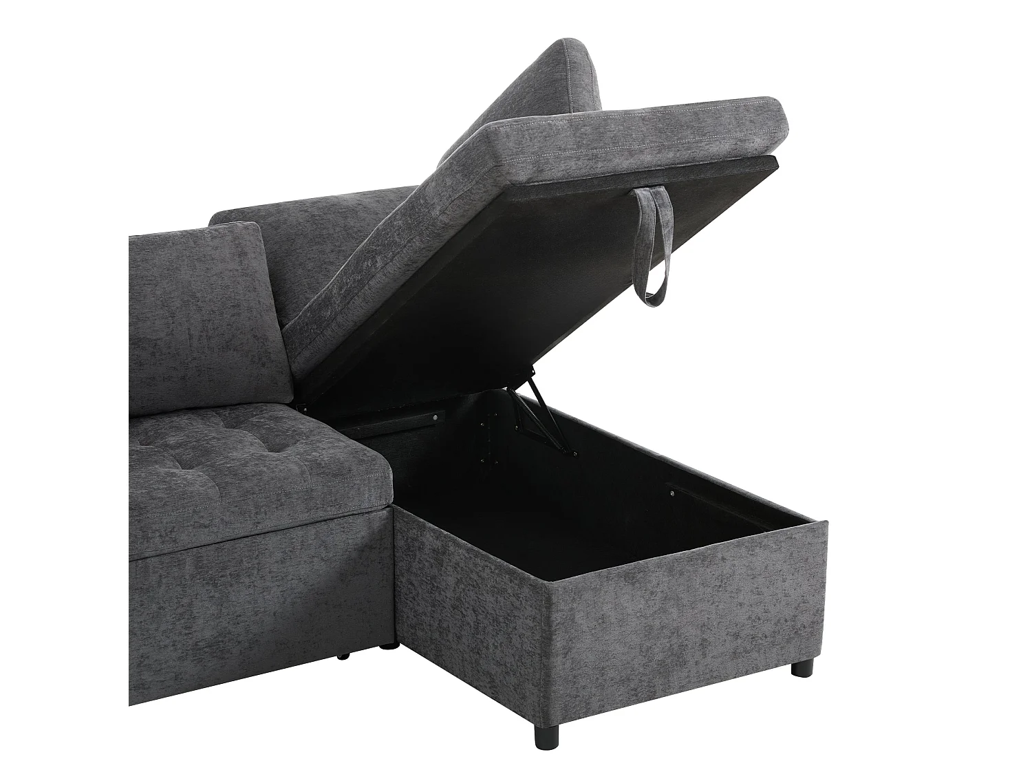 Canapé d'angle convertible, chargeur USB, rangement et 2 coussins, en Tissu Chenille, Gris foncé