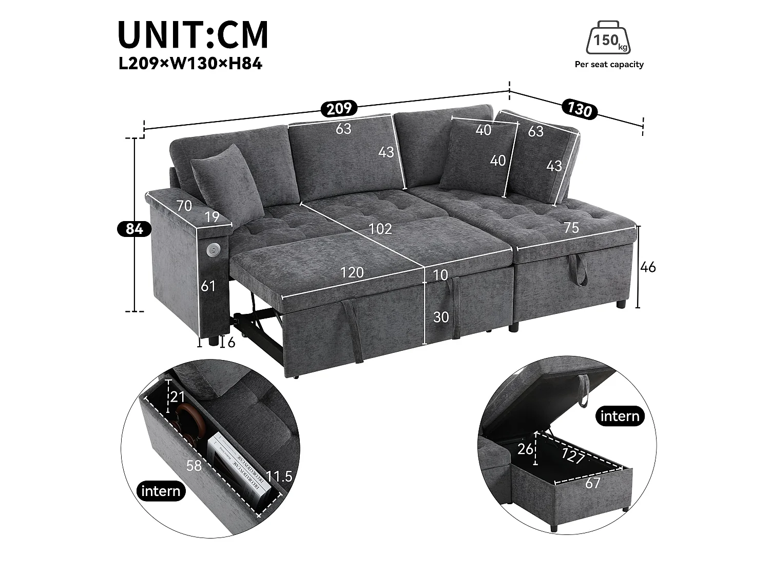 Canapé d'angle convertible, chargeur USB, rangement et 2 coussins, en Tissu Chenille, Gris foncé