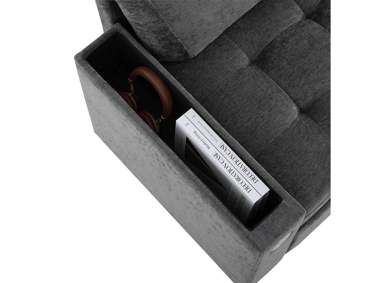 Canapé d'angle convertible, chargeur USB, rangement et 2 coussins, en Tissu Chenille, Gris foncé