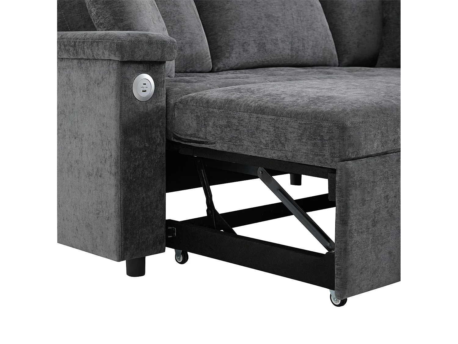 Canapé d'angle convertible, chargeur USB, rangement et 2 coussins, en Tissu Chenille, Gris foncé