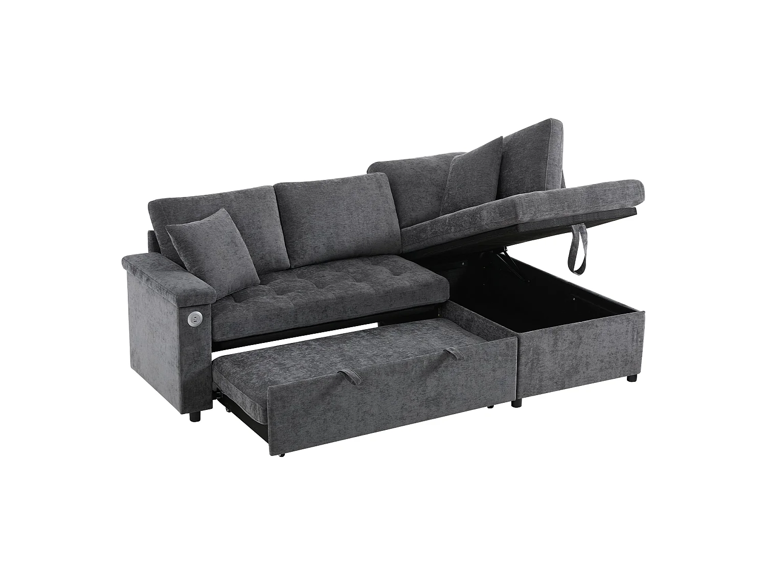 Canapé d'angle convertible, chargeur USB, rangement et 2 coussins, en Tissu Chenille, Gris foncé