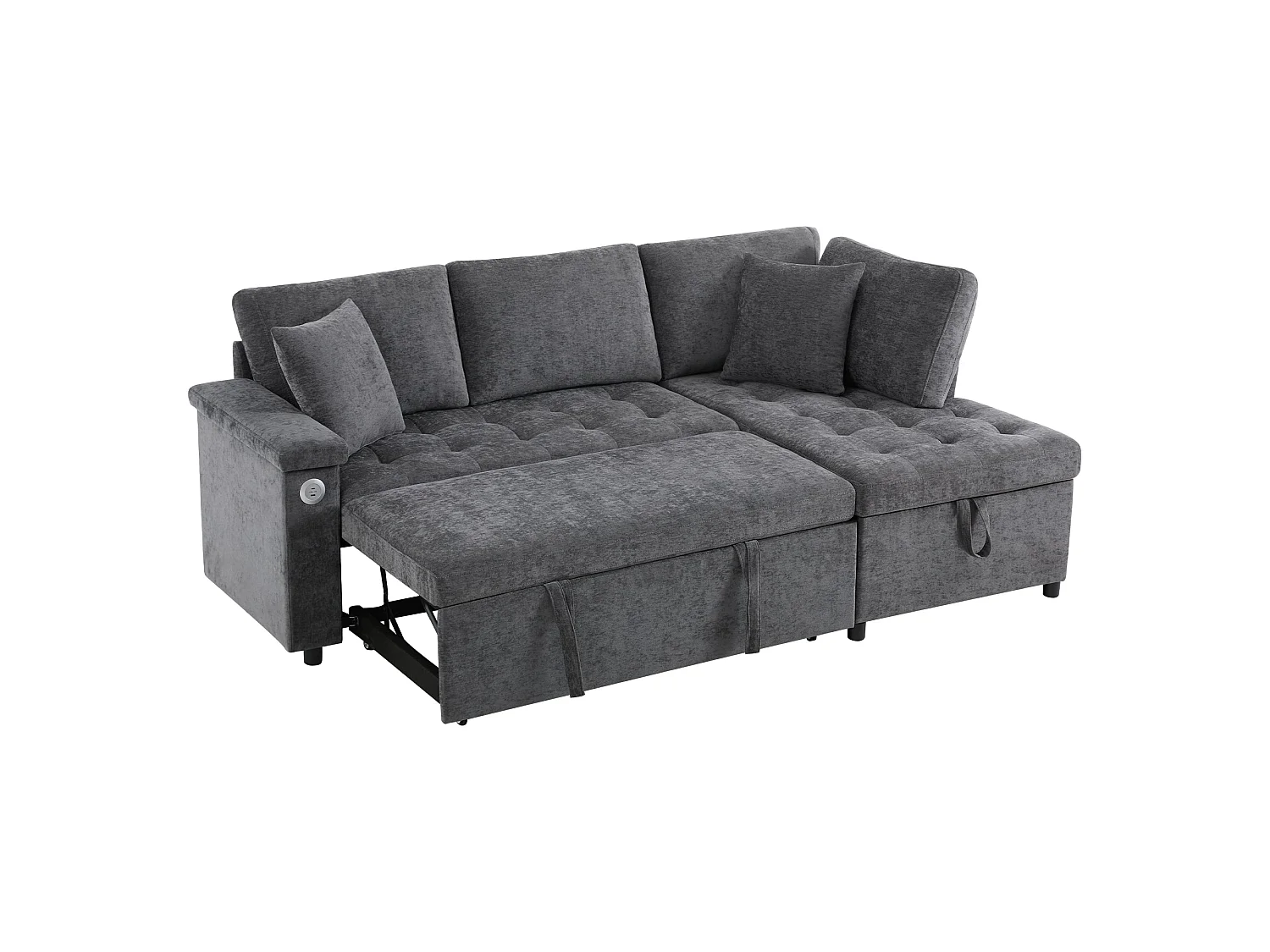 Canapé d'angle convertible, chargeur USB, rangement et 2 coussins, en Tissu Chenille, Gris foncé