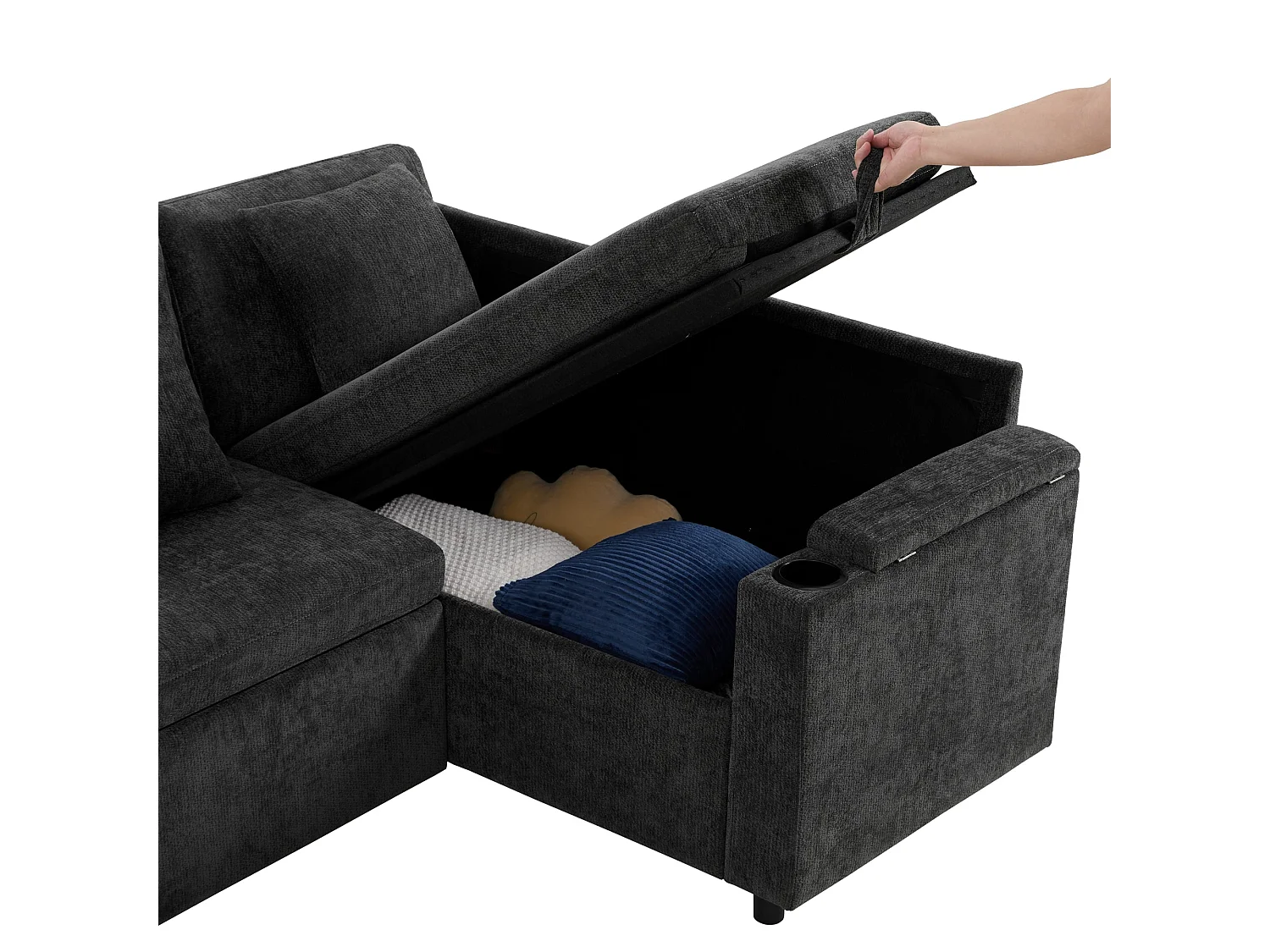 Canapé d'angle convertible, avec espace de rangement, port de chargement USB, 4 coussins, en Tissu Chenille, gris