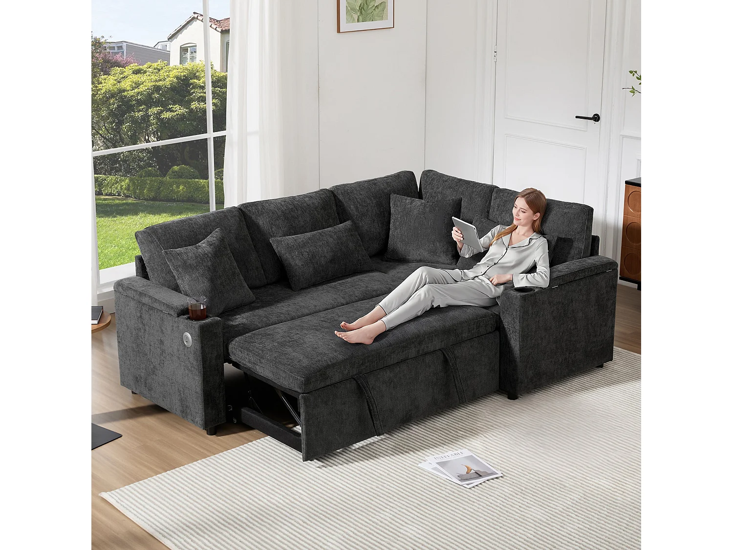 Canapé d'angle convertible, avec espace de rangement, port de chargement USB, 4 coussins, en Tissu Chenille, gris