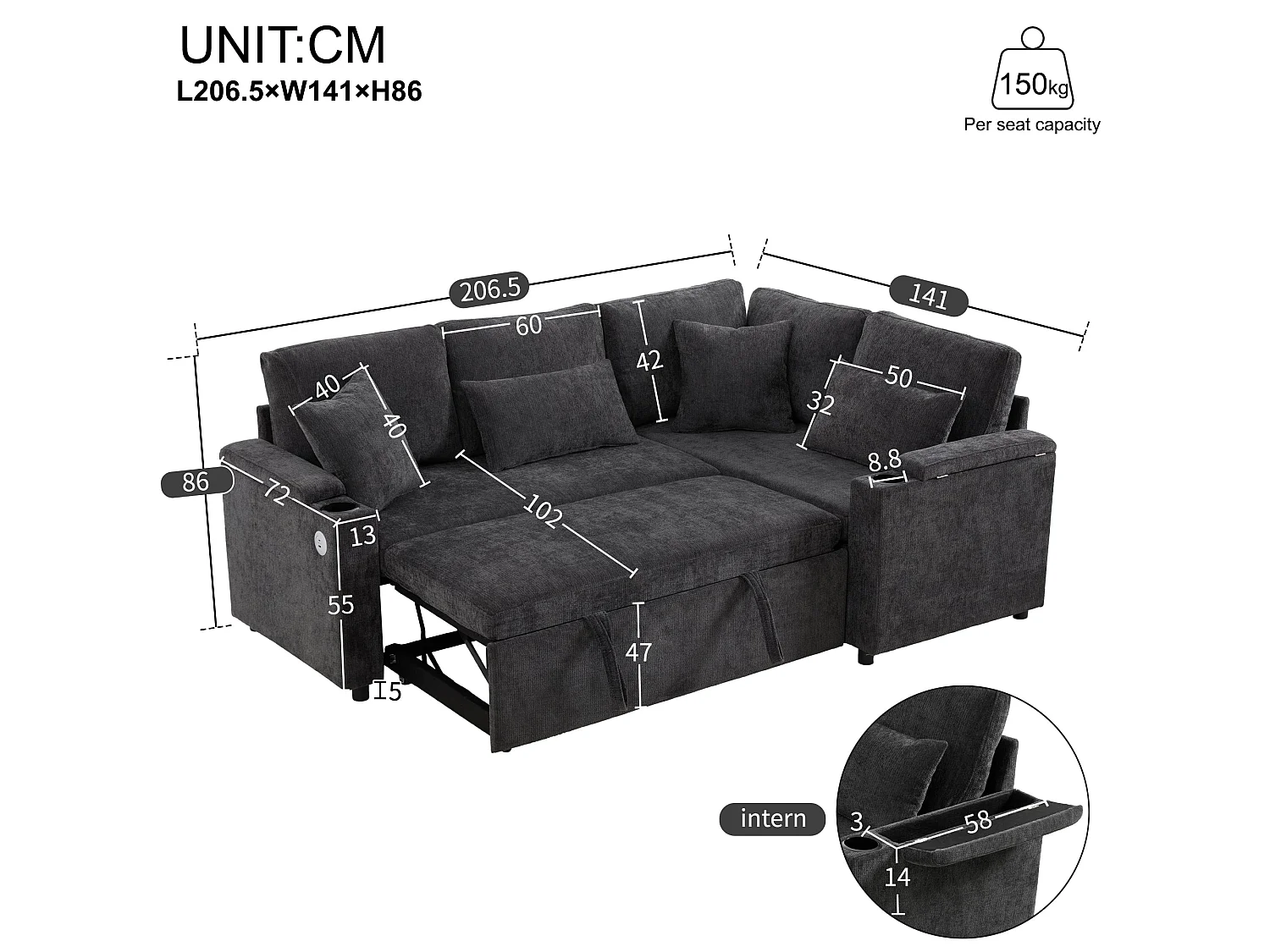 Canapé d'angle convertible, avec espace de rangement, port de chargement USB, 4 coussins, en Tissu Chenille, gris