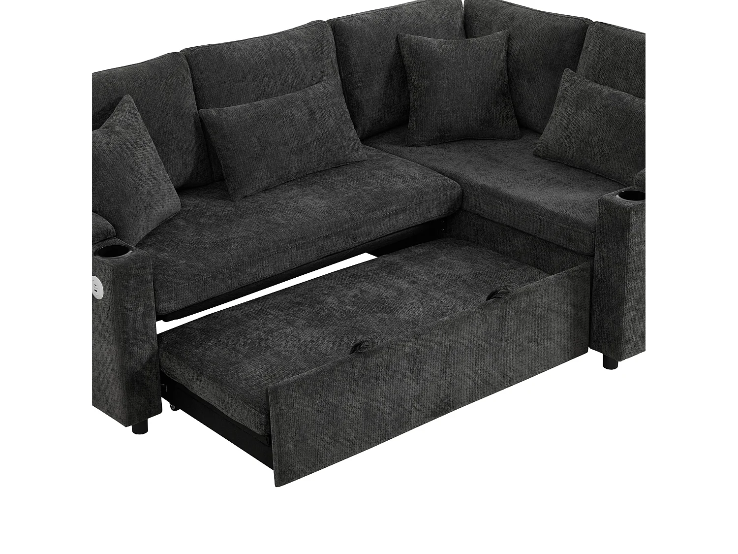 Canapé d'angle convertible, avec espace de rangement, port de chargement USB, 4 coussins, en Tissu Chenille, gris